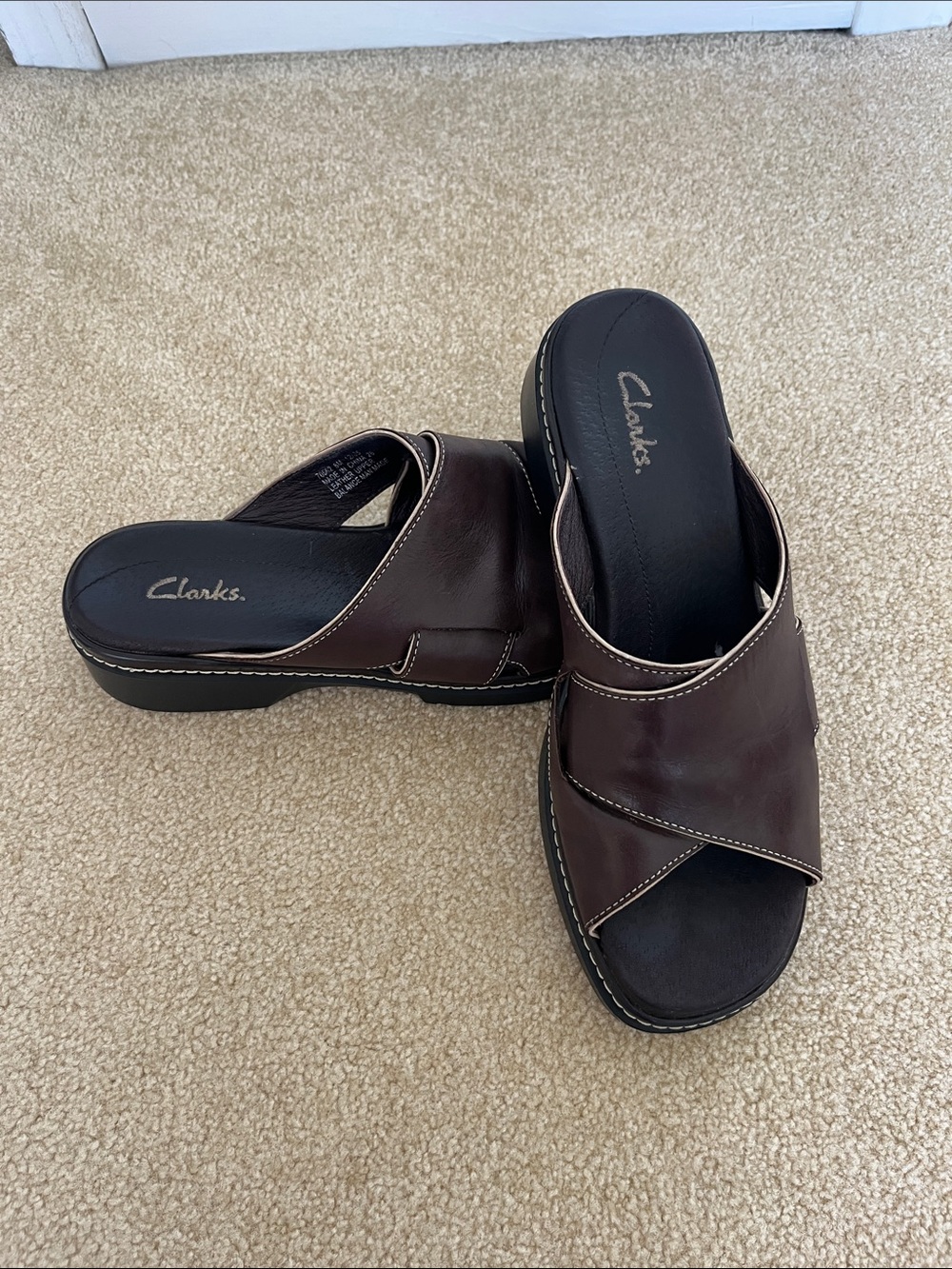 Clarks Dark Brown Leather Crossover Slide Sandals